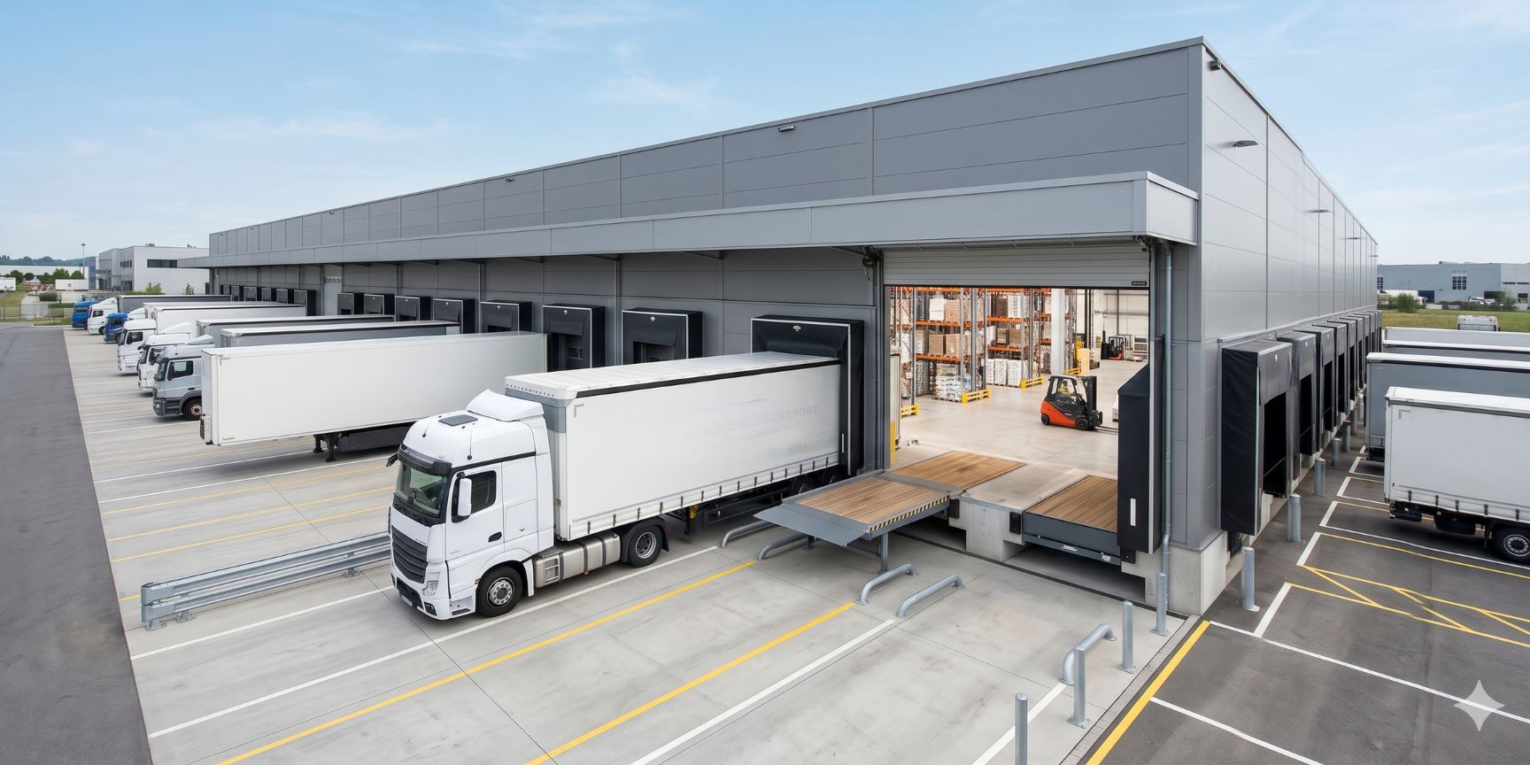Exterior view of a modern logistics property with several loading stations. A hydraulic moving bridge is actively positioned on a docked truck, surrounded by dock shelters and sectional doors.